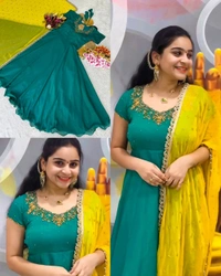 Vichitra Silk Fabric with Maggam Work, huge 8 mtrs flair, stunning design, perfect for special occasions like Elegant look, rich texture, and beautiful Maggam embroidery details make it extraordinary - Teal, 2XL