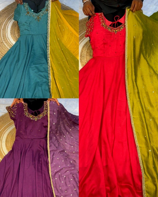 Vichitra Silk Fabric with Maggam Work, huge 8 mtrs flair, stunning design, perfect for special occasions like Elegant look, rich texture, and beautiful Maggam embroidery details make it extraordinary - Mandy, L