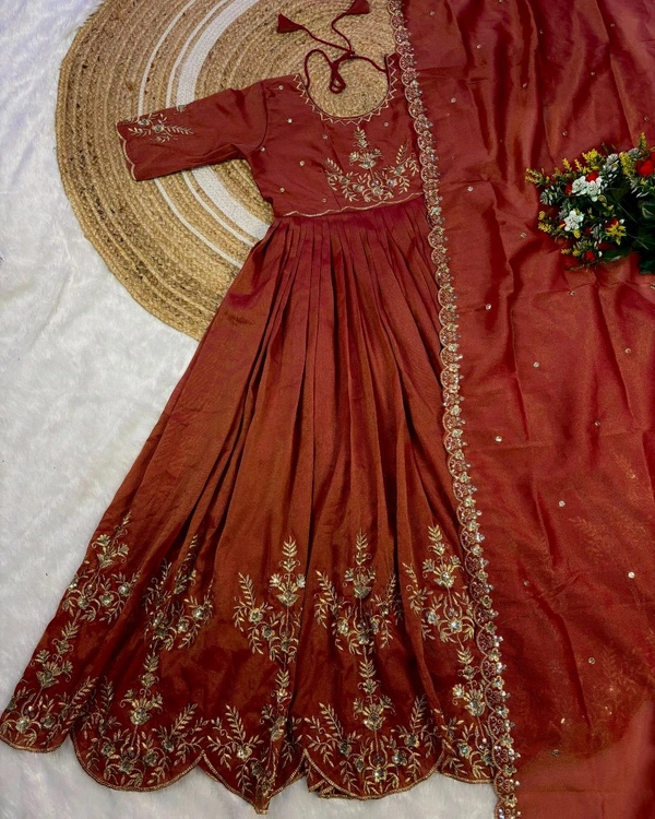Tradational Elegant full-length maxi gown featuring, beautifully Original south tissue fabric with embroidery and sequence work With dupatta - Kenyan Copper, M