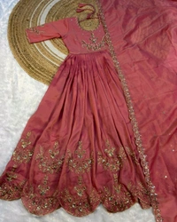 Tradational Elegant full-length maxi gown featuring, beautifully Original south tissue fabric with embroidery and sequence work With dupatta - Kenyan Copper, M