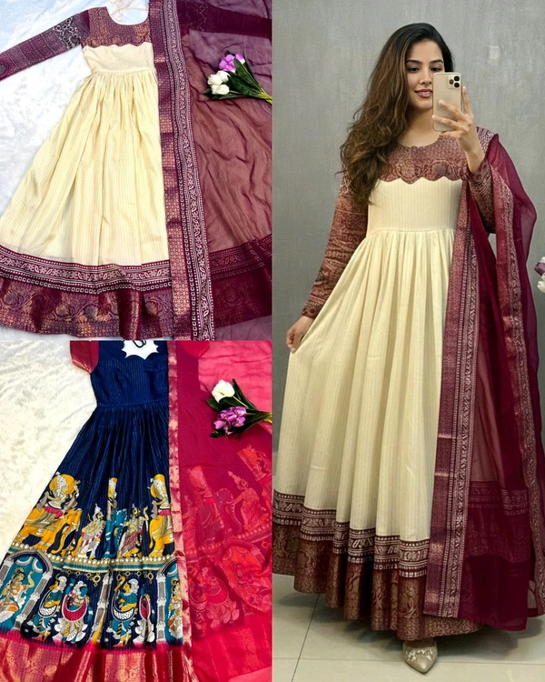 Trendy Tradational Beautiful Gown with dupatta - Cream, L