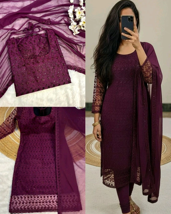 New Launching premium net fabric with beautiful chikankari work and matching soft georgette dupatta with 4 side lace broder - Wine, L
