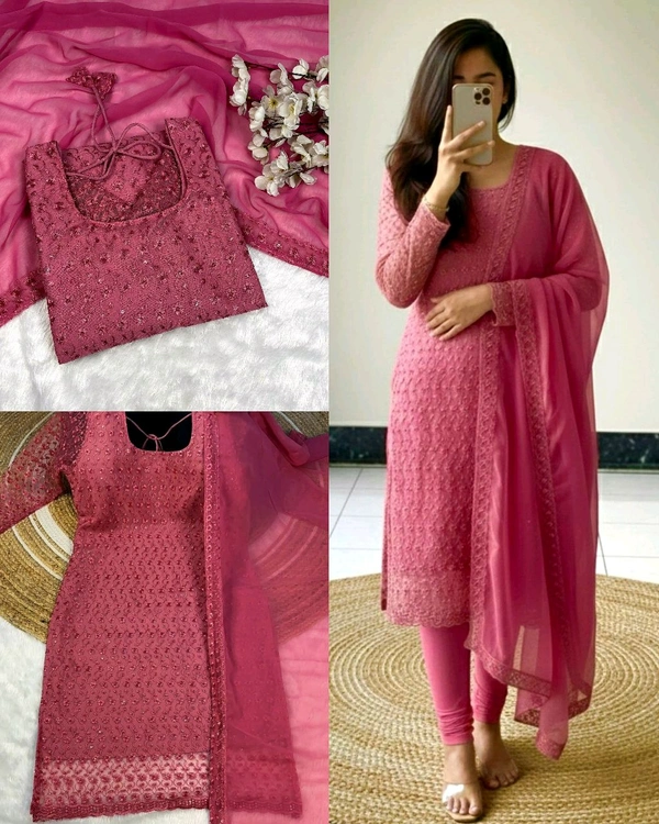 New Launching premium net fabric with beautiful chikankari work and matching soft georgette dupatta with 4 side lace broder - Pink, M