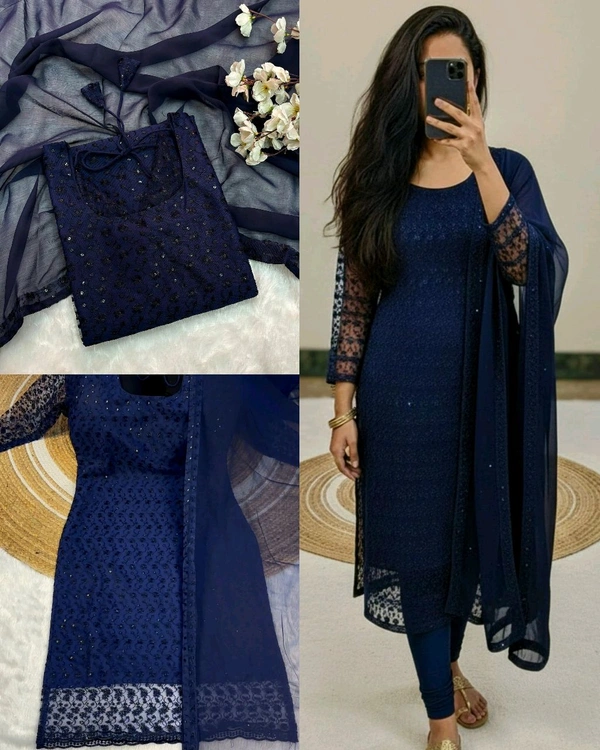 New Launching premium net fabric with beautiful chikankari work and matching soft georgette dupatta with 4 side lace broder - Navy Blue, 2XL