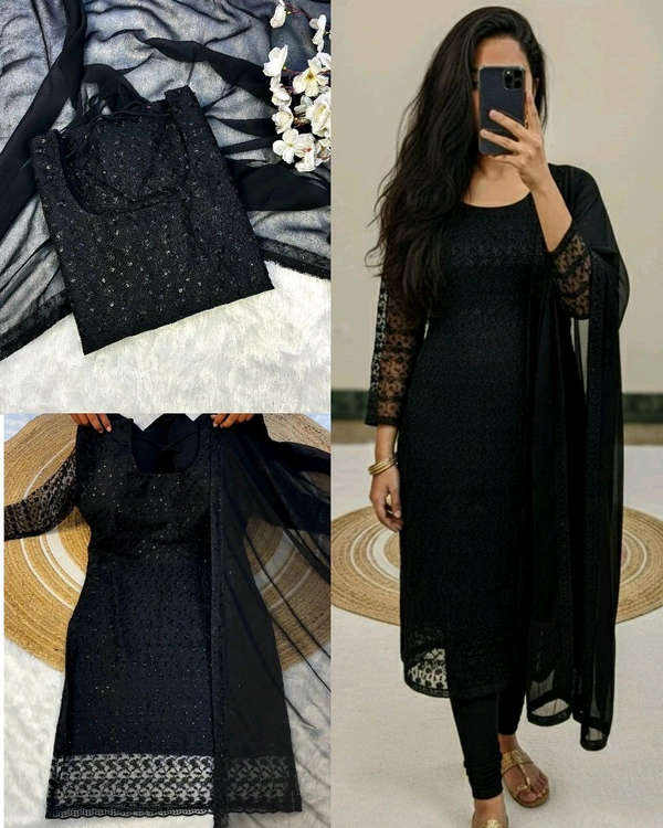 New Launching premium net fabric with beautiful chikankari work and matching soft georgette dupatta with 4 side lace broder - Black, L