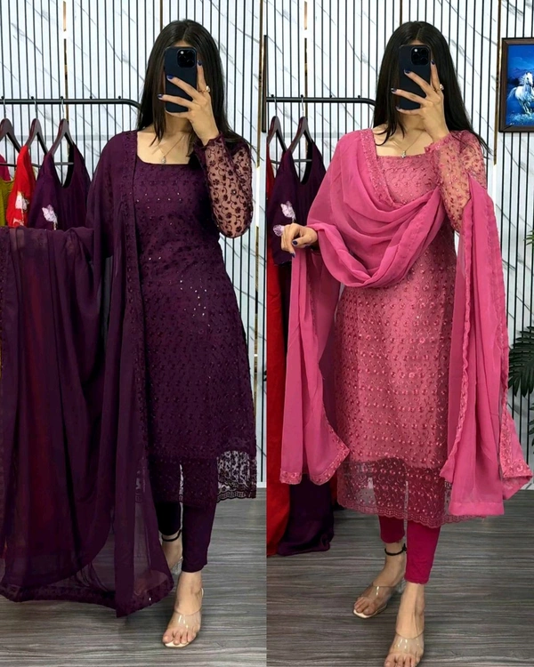 New Launching premium net fabric with beautiful chikankari work - Pink, M