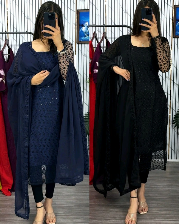 New Launching premium net fabric with beautiful chikankari work - Black, M