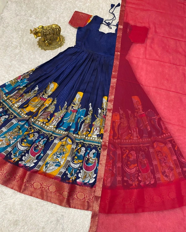 Super trendy reko zari dola silk long gown with georgette dupatta - Blue, L