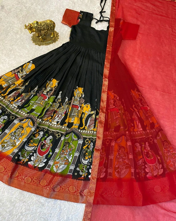 Super trendy reko zari dola silk long gown with georgette dupatta - Black, 3XL
