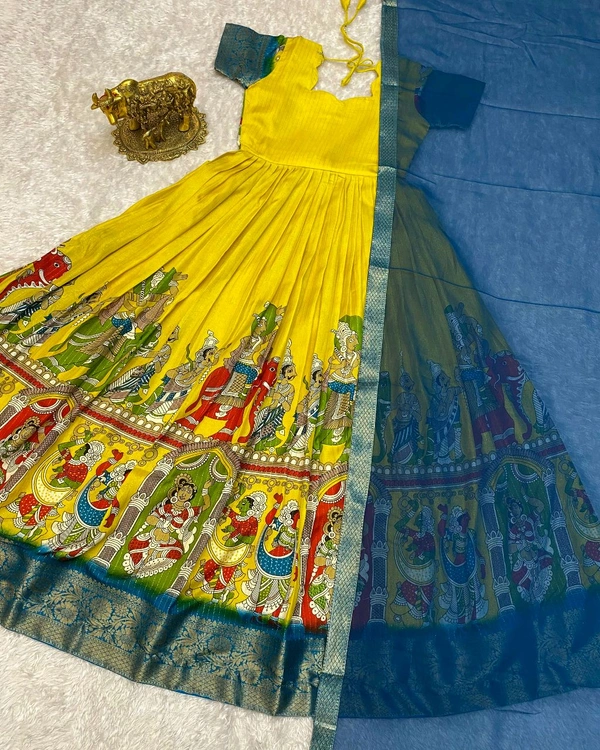 Super trendy reko zari dola silk long gown with georgette dupatta - Yellow, L