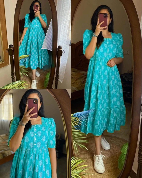 New Beautiful  printed Lotus flower  cotton middi Gown dress - Sky Blue, XL