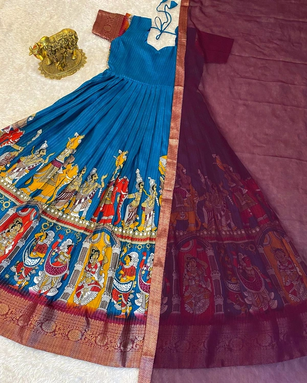 Super trendy reko zari dola silk long gown with georgette dupatta - Orient Blue, M
