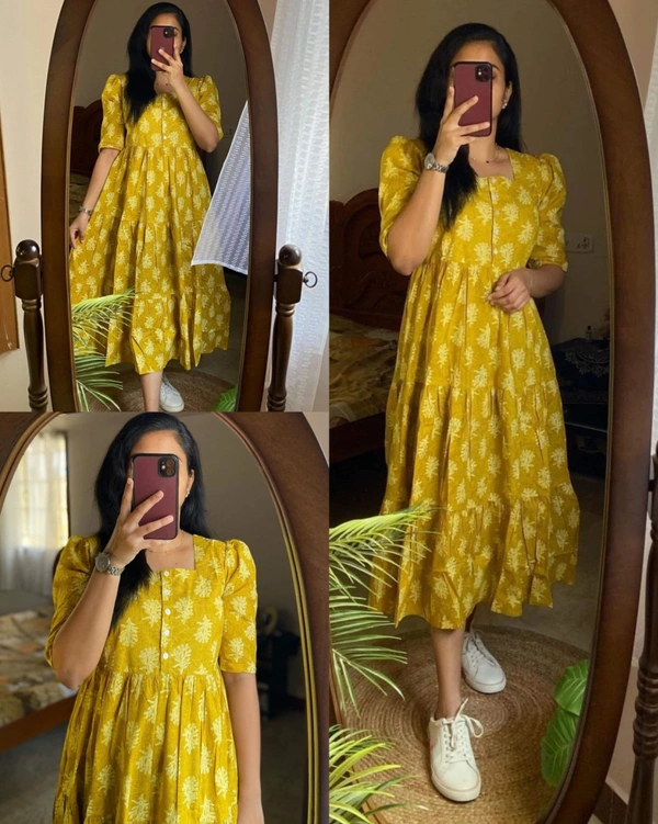 New Beautiful  printed Lotus flower  cotton middi Gown dress - Yellow, 3XL