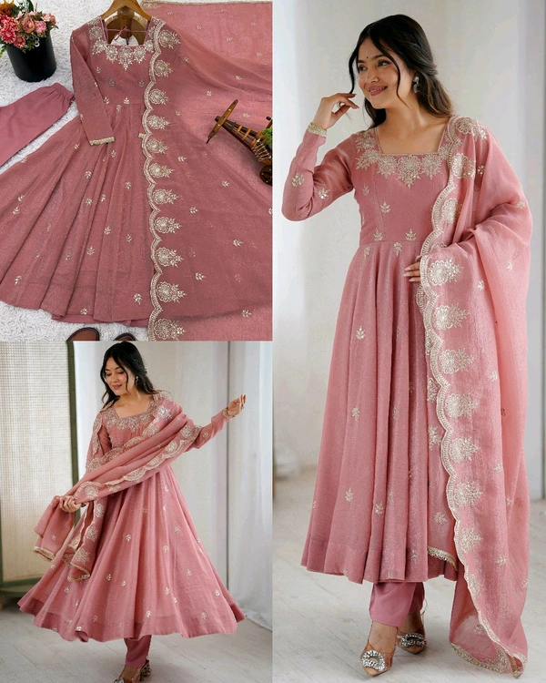 Elegant Embroidered Sequence Designer Anarkali Three Piece Set - L