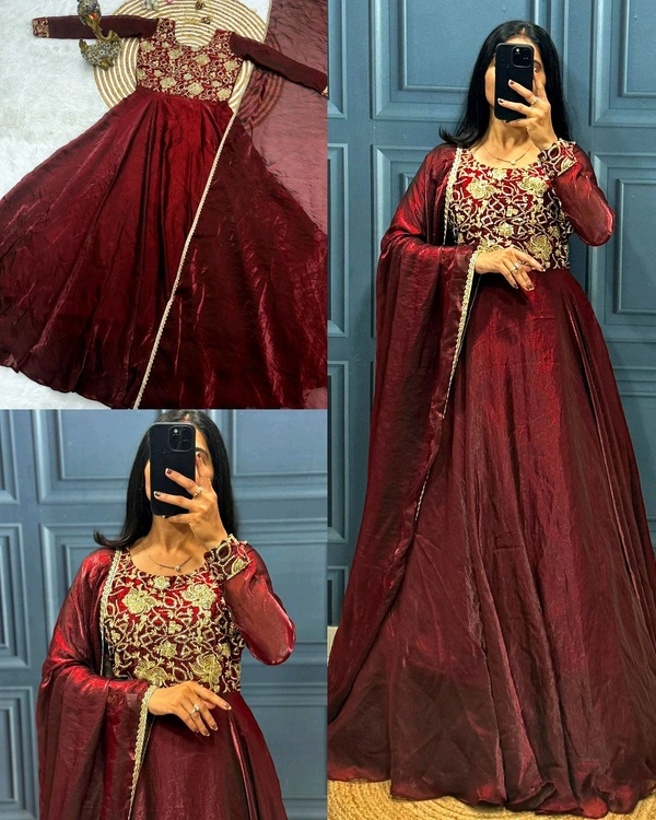 Super Introducing Upcoming Festival Fandy Silk Gown With Dupatta - Maroon, XL