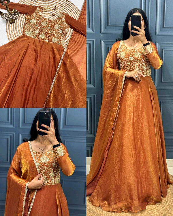 Super Introducing Upcoming Festival Fandy Silk Gown With Dupatta - Gold Drop, L