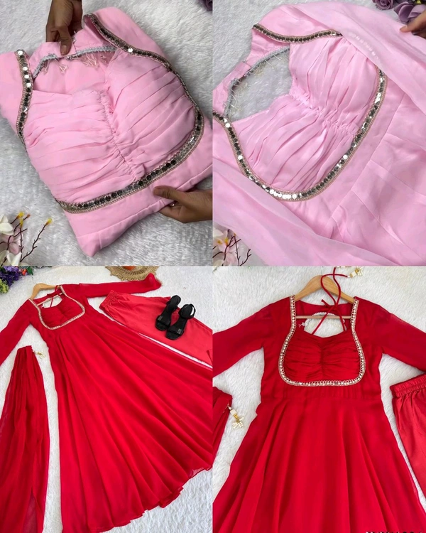 Trendy Stylish Embroidery 9mm Sequences Less Work Gown With Full-Sleeves, Pant & Dupatta Set
- Pink, 2XL