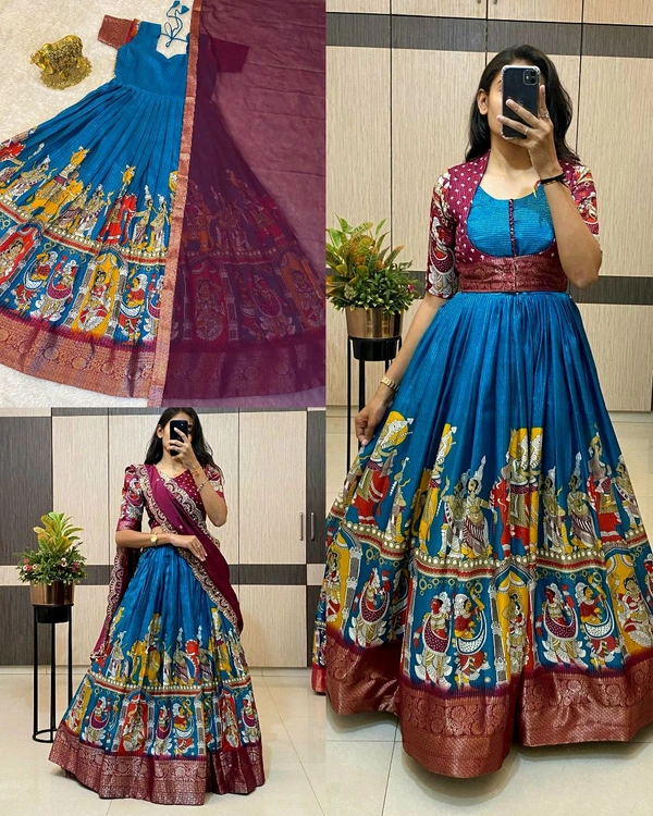 Trendy Gown with koti , Lehenga ( SEPERATE ORDER ) - Orient Blue Lehenga, L