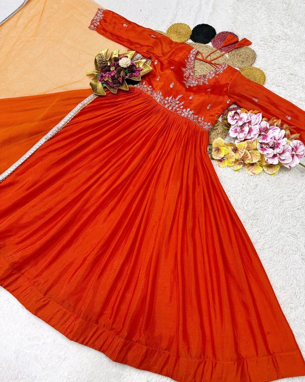 New Launching the most trending Beautiful Soft Chinnon Sequins Embroidery Gown With Dupatta - Grenadier, 2XL