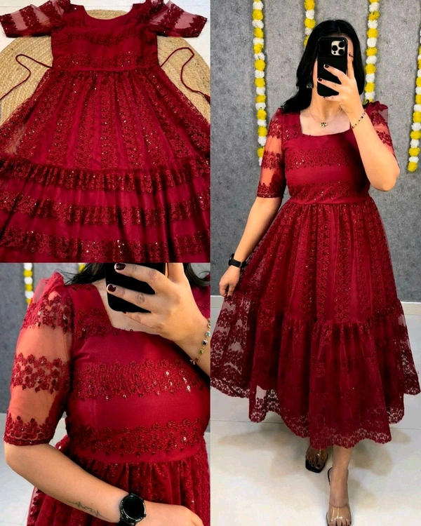 Launching beautiful flower-embroidery sequence work frocks - Red, 4XL