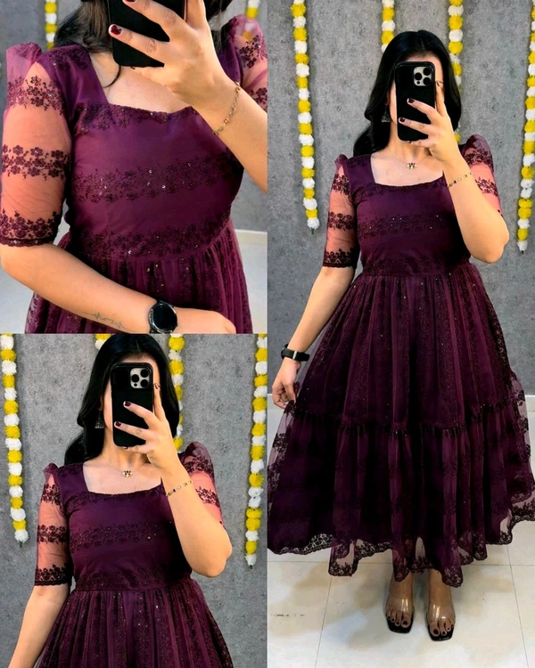 Launching beautiful flower-embroidery sequence work frocks - Wine, 3XL