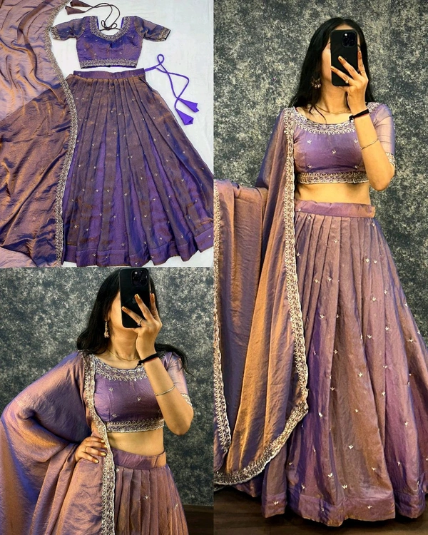 FESTIVEL LEHENGA ORIGINAL SOUTH TISSUE WITH EMBROIDERY & SEQUENCE WORK - Free Size, Voilet