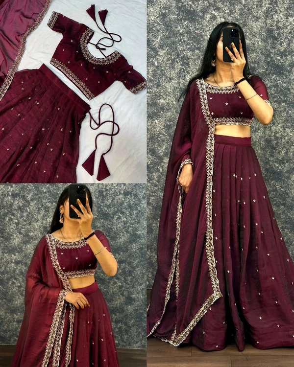 FESTIVEL LEHENGA ORIGINAL SOUTH TISSUE WITH EMBROIDERY & SEQUENCE WORK - Free Size, Voilet