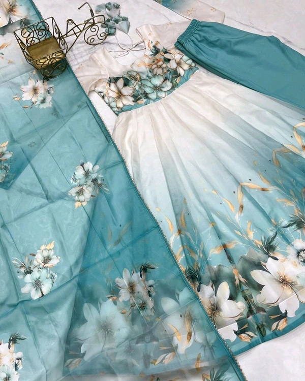 Classic floral printed organza anarkali suit set for the upcoming festivities and wedding season - Sky Blue, 2XL