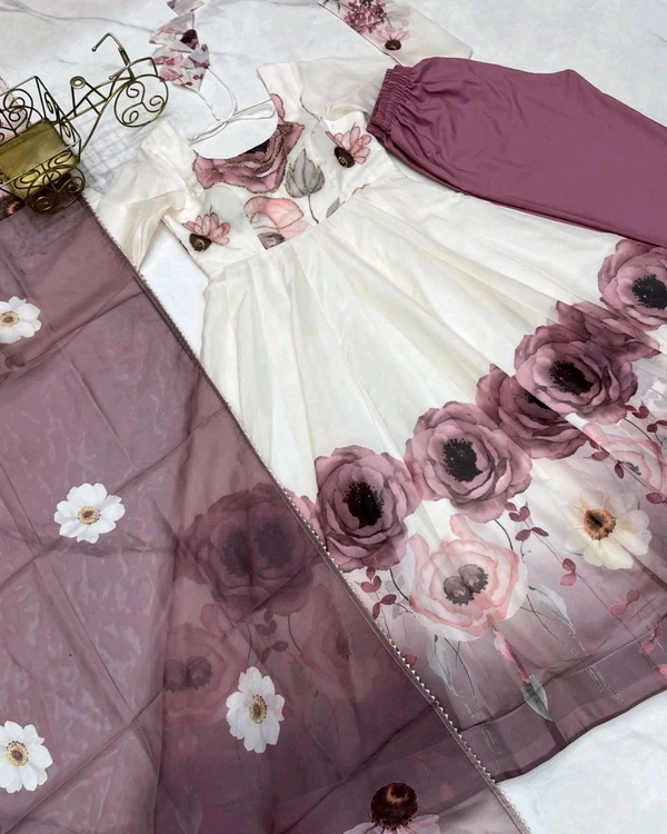Classic floral printed organza anarkali suit set for the upcoming festivities and wedding season - Voilet, XL