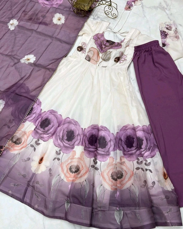 Classic floral printed organza anarkali suit set for the upcoming festivities and wedding season - Onion Pink, L