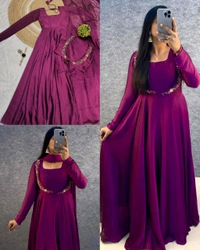 Wear in 3ways Gown+Handwork overcoat +Dupatta - Blue, S