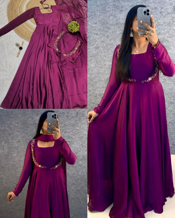 Wear in 3ways Gown+Handwork overcoat +Dupatta - Blue, S