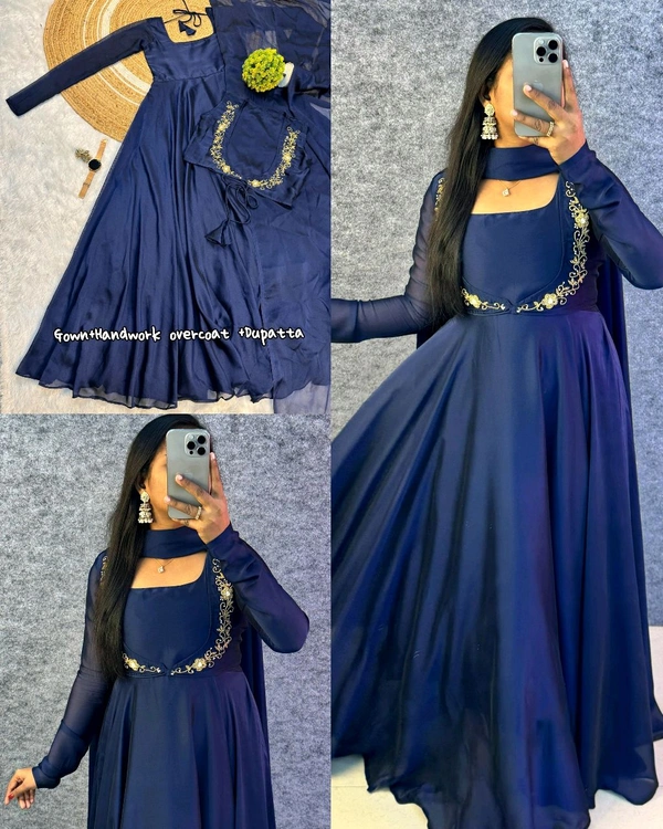 Wear in 3ways Gown+Handwork overcoat +Dupatta - Blue, L