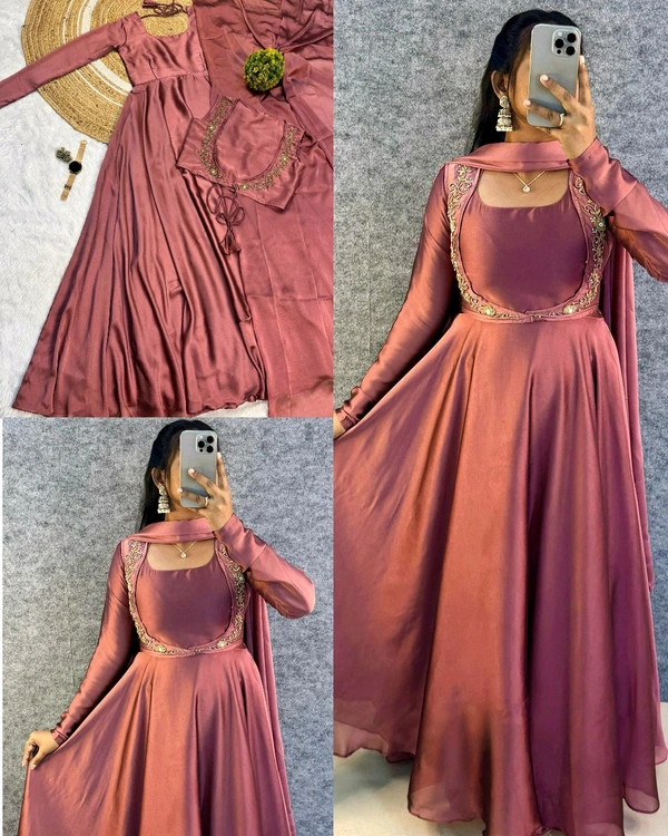 Wear in 3ways Gown+Handwork overcoat +Dupatta - Onion Pink, S