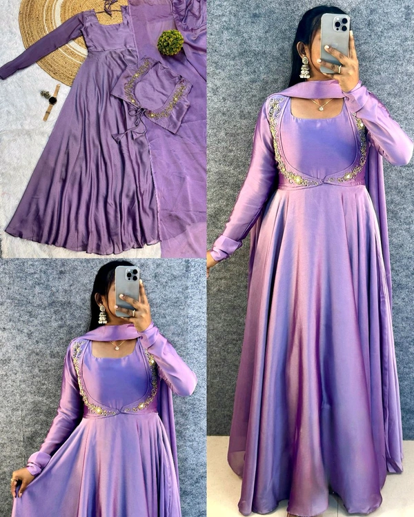 Wear in 3ways Gown+Handwork overcoat +Dupatta - Mauve, L