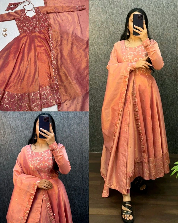 Launching beautiful full sleeve premium ORIGINAL BANARASI TISSU TWO TONE WITH EMBROIDERY WITH 3mm SEQUENCE THREAD WORK and beautyfull Banarasi bordor ๐ - Peach Orange, 3XL