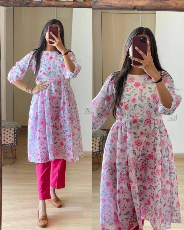 Premium Printed Kurti With Ballon Sleev - M, Pink