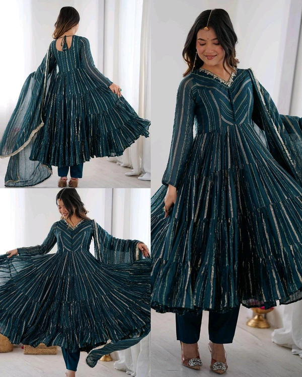 Trendy Women’s Ethnic Wear Ruffle Gown With pant & Dupatta - Prussian Blue, M