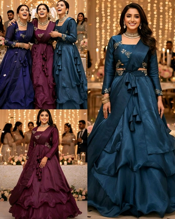 ✨ *Launching Our Latest Festivel Collection Beautiful Heavy Space Silk 3 In 1 Style Lehenga choli Set Double Frill – Where Elegance Meets Comfort!* ✨
- Purple, Free Size