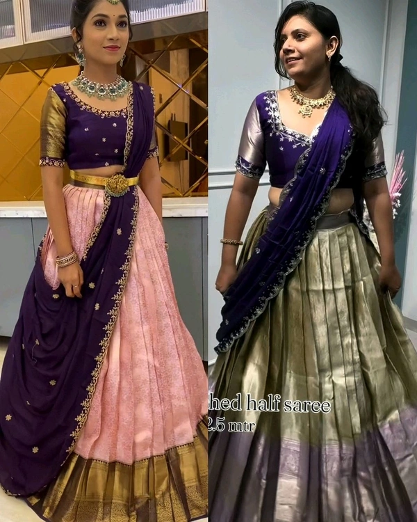 Ready to Wear Premium Quality Pure Kanjivaram silk full stiched Lehenga
- L, Purple With Dark Teal