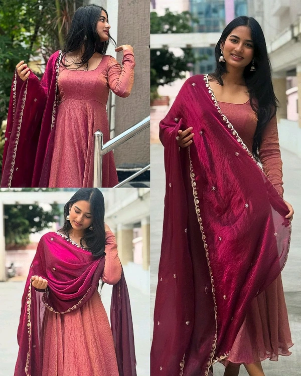 Turn Heads At Weddings And Parties With Our Exquisite Vichitra Silk Gown Plus Sparkling Georgette.✨ - M