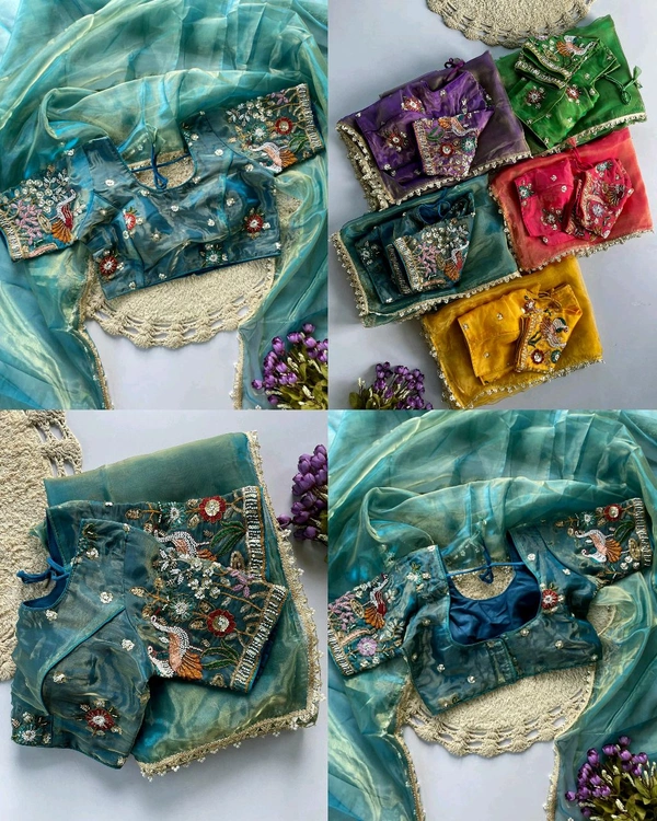 Trendy Pearl work with zari lace in full saree & Multi color bids hand work in blouse with sequins & thread Embroidered work - Unstitched, Pigment Indigo