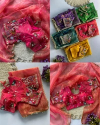 Trendy Pearl work with zari lace in full saree & Multi color bids hand work in blouse with sequins & thread Embroidered work - Unstitched, Pigment Indigo