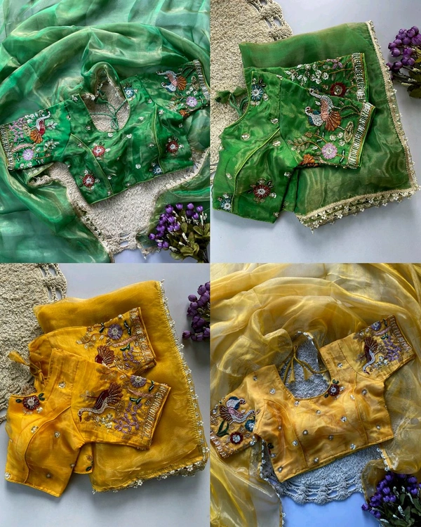 Trendy Pearl work with zari lace in full saree & Multi color bids hand work in blouse with sequins & thread Embroidered work - Unstitched, Yellow