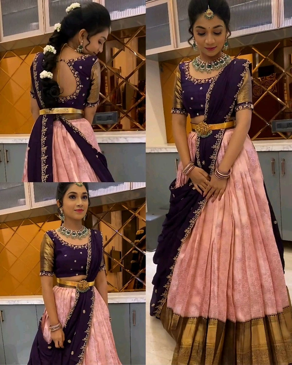 Ready to Wear Premium Quality Pure Kanjivaram silk full stiched Lehenga - L, Pink