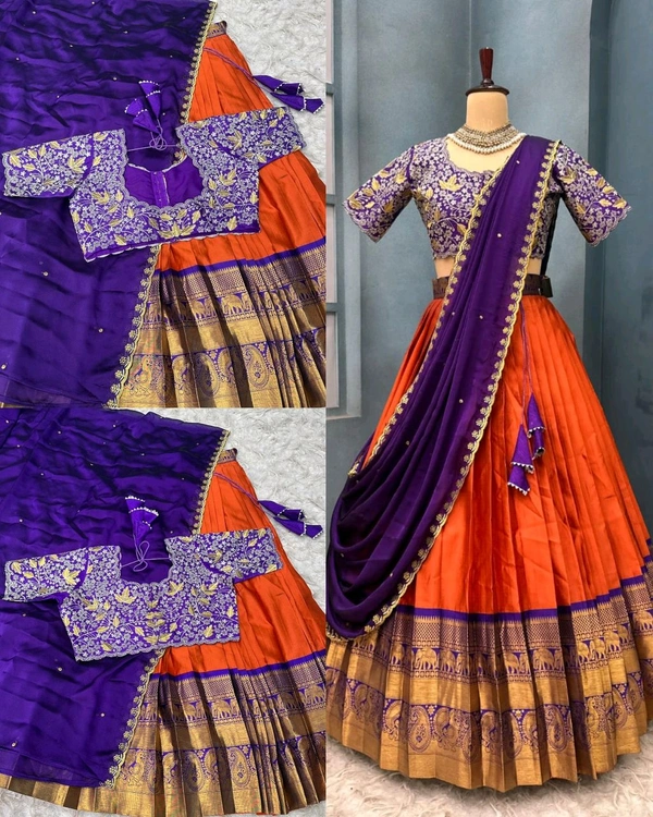 Ready to Wear Premium Quality Pure Kanjivaram silk full stiched Lehenga - L, Pink