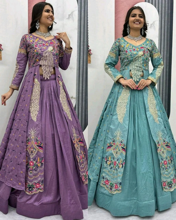 Launching Trendy Peacock Design Festival Special Crop Top with Shrug - XL, Purple Mountain