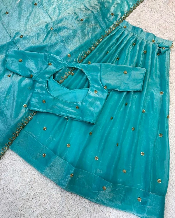 Trendy Hit Premium Pure Space Silk Half Saree With Handwork Cutt Dana Work Collection - Sky Blue