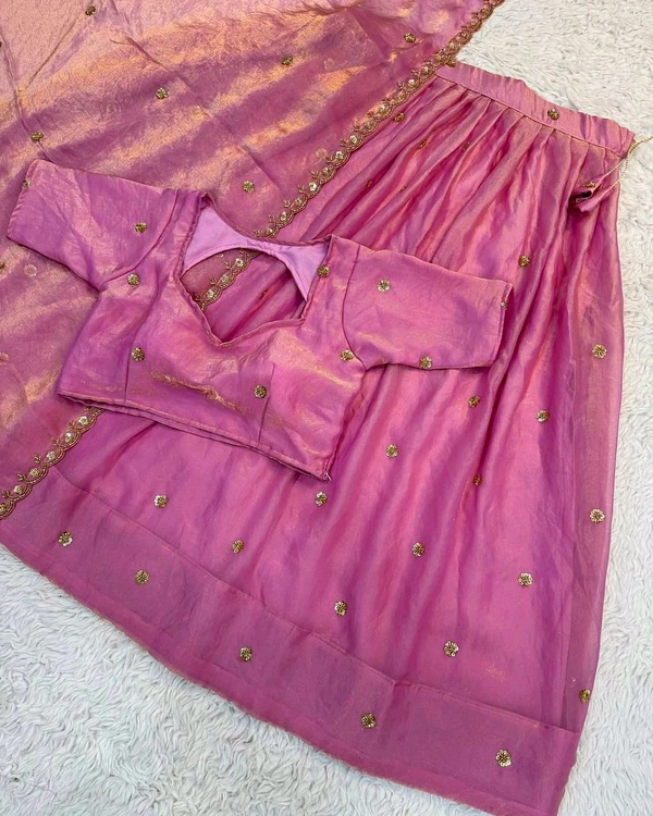 Trendy Hit Premium Pure Space Silk Half Saree With Handwork Cutt Dana Work Collection - Pink
