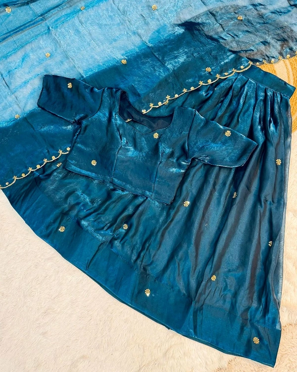 Trendy Hit Premium Pure Space Silk Half Saree With Handwork Cutt Dana Work Collection - Bahama Blue